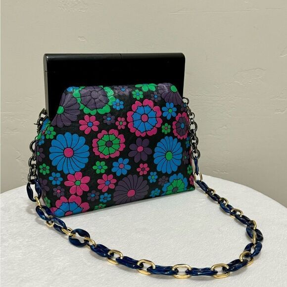 Chic Wood Frame & Leather Floral Print Clutch/Shoulder Bag/Crossbody - Picture 2 of 16